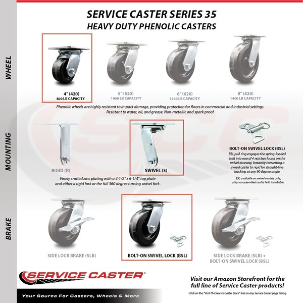 4 Inch Phenolic Caster Set with Ball Bearings and Swivel Locks